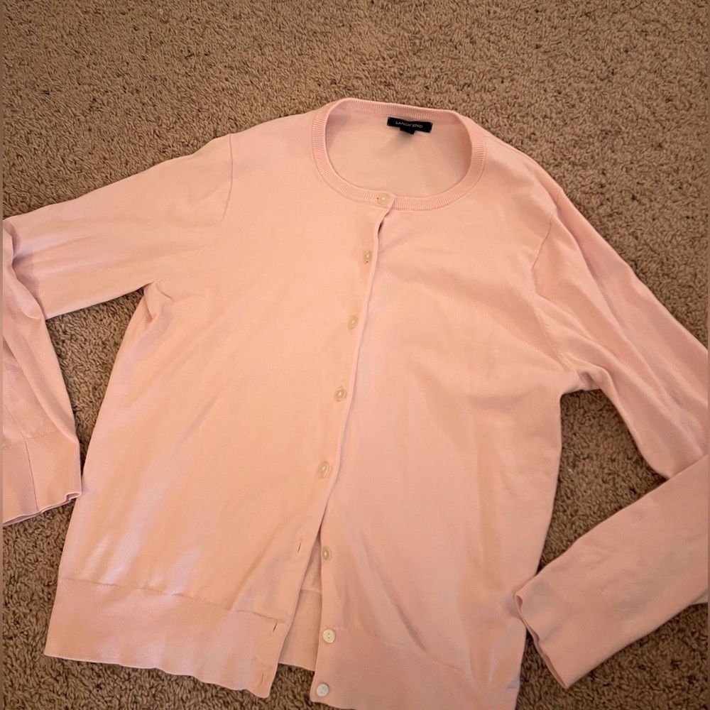 Lands End pink Cardigan sweater. L. Cotton